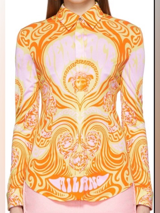 Versace Tops - Versace Orange and Pink Baroque Medusa Print Button-Down Shirt